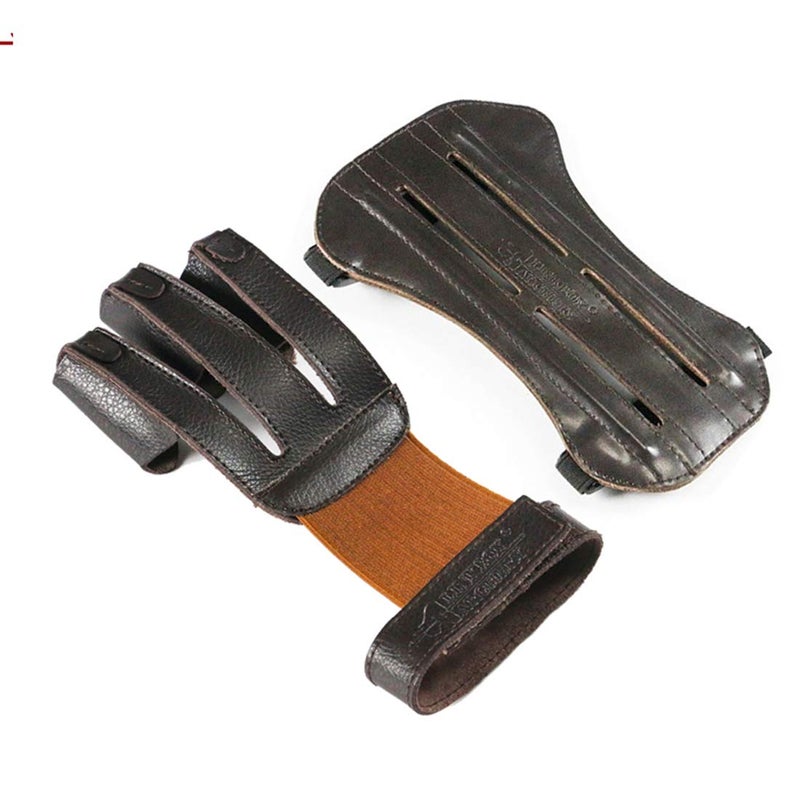 Linkboy Archery Gloves Hunting Shooting Three Finger ï¼ŒArm Guard 100% Pure Ox Leather Protection Archery Protective Gloves Brown - 1set - Image 1